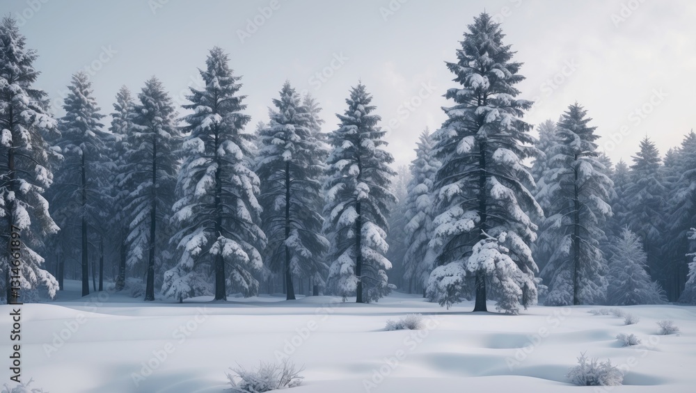 Majestic winter landscapes featuring a vast forest of huge pine trees blanketed in snow. Majestic winter landscapes featuring a vast forest of huge pine trees blanketed in snow.