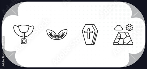 outline icons set - desert concept. horse saddle, tobacco, wooden coffin, salty desert.
