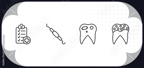 outline icons set - dentist concept. health report, periodontal scaler, decay, holed tooth.