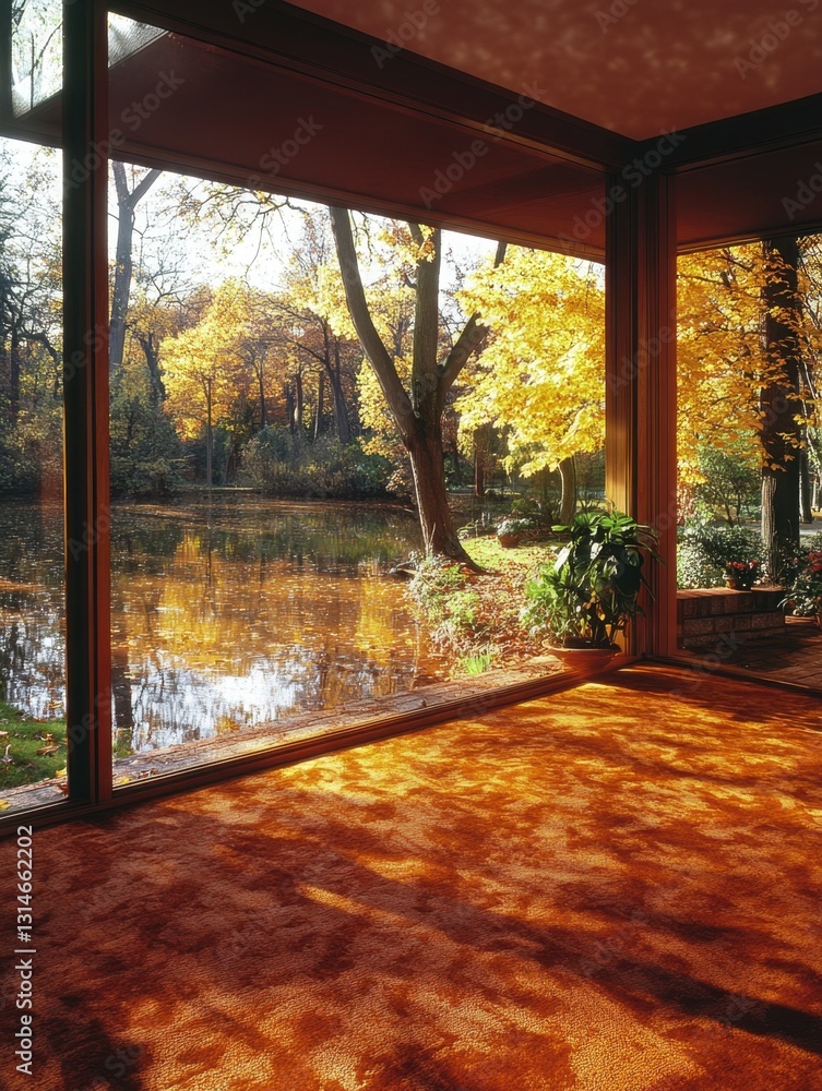 Obraz premium Autumnal Serenity Captivating Lake View Through Expansive Window Warm Interior Setting Golden Hues Nature Reflection Tranquil Scene Cozy Ambiance