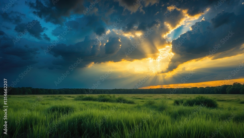 Fototapeta premium Stunning sky above a field following a thunderstorm.