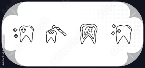 outline icons set - dentist concept. healthy tooth, tooth filling, inner tooth, whitening.