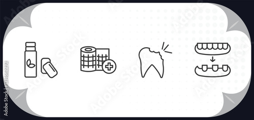 outline icons set - dentist concept. chewing gum, gauze, cavity, overdenture.