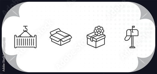outline icons set - delivery and logistic concept. container hanging, unpacking, supply chain, postbox.
