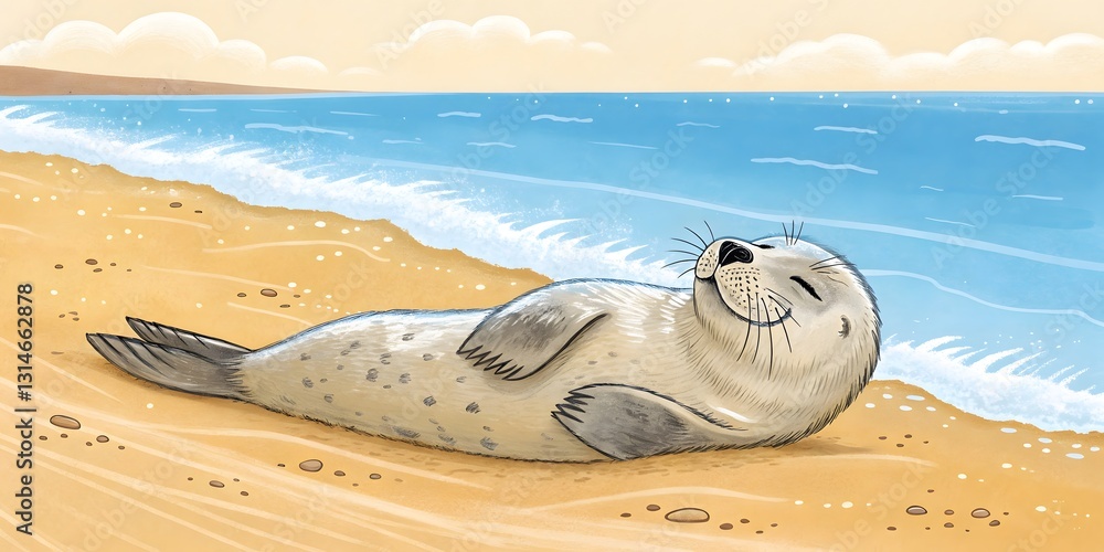 Obraz premium Happy Sealed Lying on Sandy Beach with Gentle Waves in Background