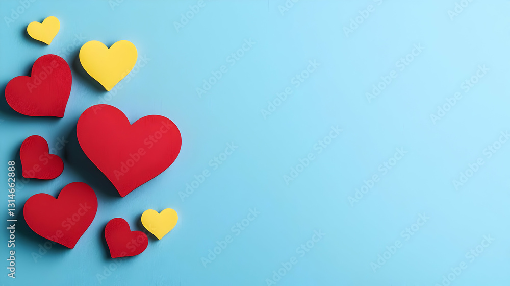 Red And Yellow Pixelated Hearts On A Light Blue Background With Copy Space For Valentine's Day Red And Yellow Pixelated Hearts On A Light Blue Background With Copy Space For Valentine's Day