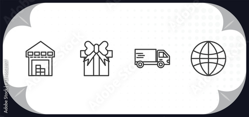 outline icons set - delivery and logistic concept. warehouse, gift, logistics, earth grid.