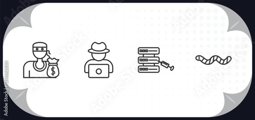 outline icons set - cyber concept. theft, hack, code injection, worm.