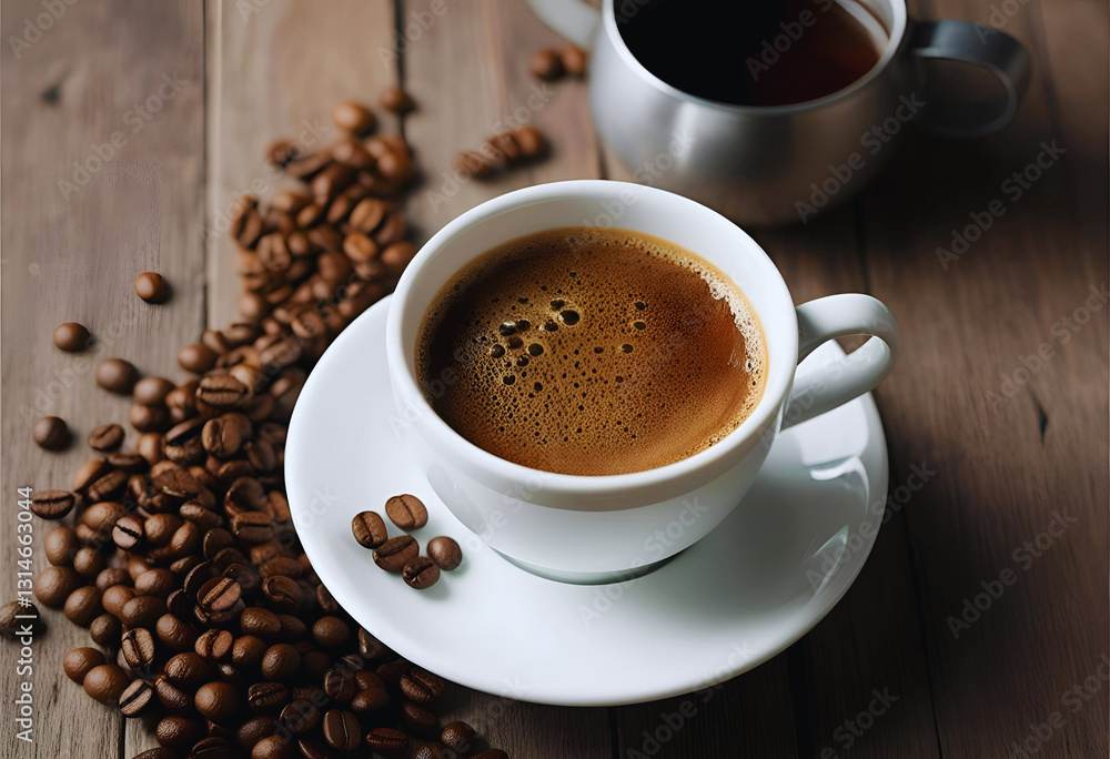 A steaming cup of coffee with beans on a saucer in a cozy cafe setting A steaming cup of coffee with beans on a saucer in a cozy cafe setting