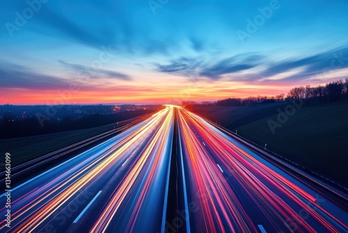 Highway at twilight with blurred car lights and colorful sky creating a dynamic and modern transportation scene with a vibrant and energetic visual mood