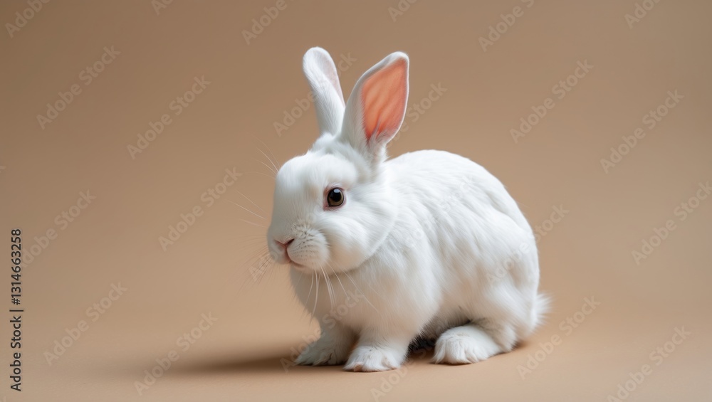 Fototapeta premium White bunny rabbit on a beige backdrop. Small amusing home pet.
