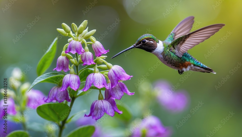 Naklejka premium Hummingbird in Flight Among Flowers