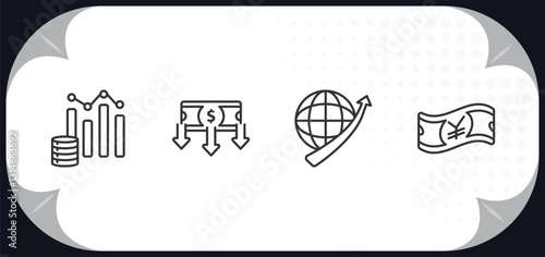 outline icons set - cryptocurrency concept. budget diagram, money flow, economy, yen.