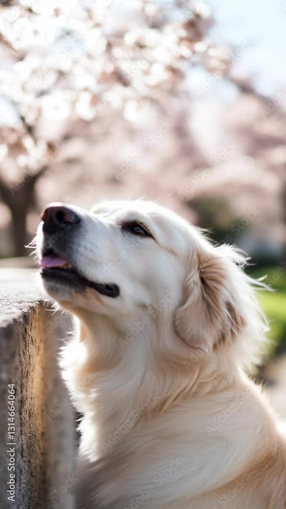 Golden retriever gazing happily under blooming cherry blossoms in soft spring sunlight. Seasonal renewal, pet happiness, serene outdoor moment. Golden retriever gazing happily under blooming cherry blossoms in soft spring sunlight. Seasonal renewal, pet happiness, serene outdoor moment.