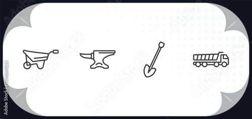 outline icons set - construction tools concept. wheel barrow, anvil, spade tool, dumper.