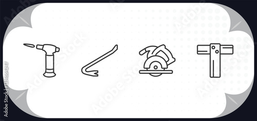 outline icons set - construction tools concept. blowtorch, crowbar, circular saw, boning rod.
