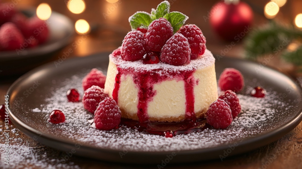 Delicious Raspberry Cheesecake with Festive Christmas Lights Background Delicious Raspberry Cheesecake with Festive Christmas Lights Background
