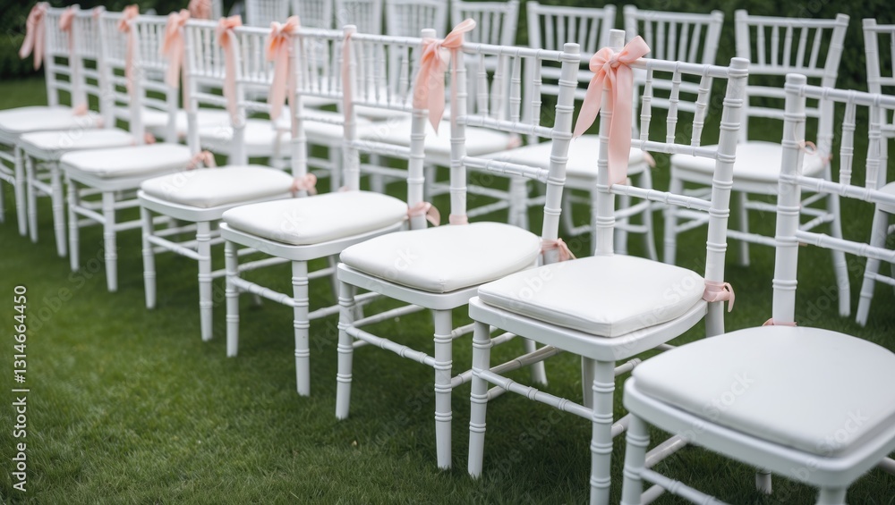 Fototapeta premium Chairs that are white are arranged in a row on the green lawn.