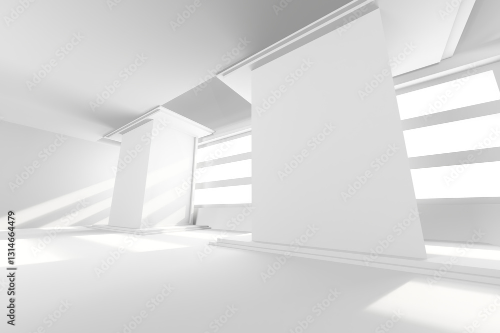 Obraz premium Modern minimalist architectural space with sunlight streaming through windows. 3d render