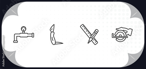 outline icons set - construction and tools concept. relief valve, jackknife, pencil and ruler, chop saw.
