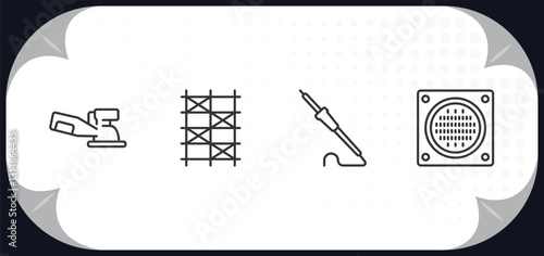 outline icons set - construction and tools concept. sanding hine, scaffolding, iron soldering, drain.