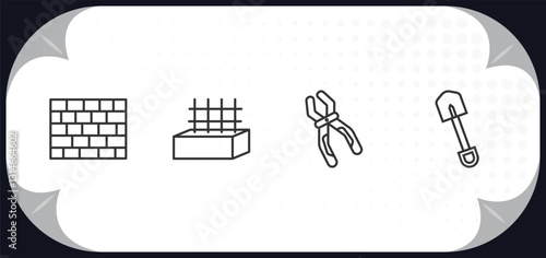 outline icons set - construction concept. brickwall, concrete, inclined clippers, short shovel.