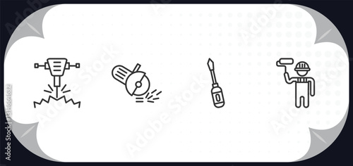 outline icons set - construction concept. hydraulic breaker, angle grinder, screwdrivers, man painting.