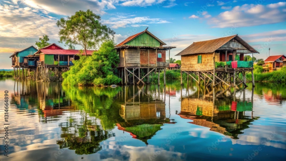 Serene Wooden Stilt Houses Above Calm Waters at Dusk Serene Wooden Stilt Houses Above Calm Waters at Dusk