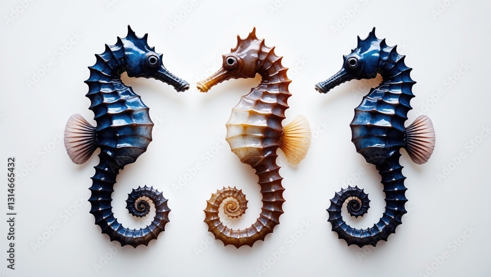 Fototapeta premium Three seahorses against a white backdrop