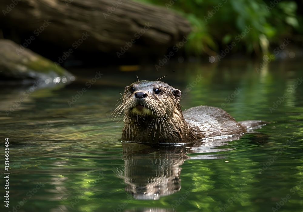 Curious Otter Emerging From A Calm Forest Stream In Natural Habitat. Curious Otter Emerging From A Calm Forest Stream In Natural Habitat.
