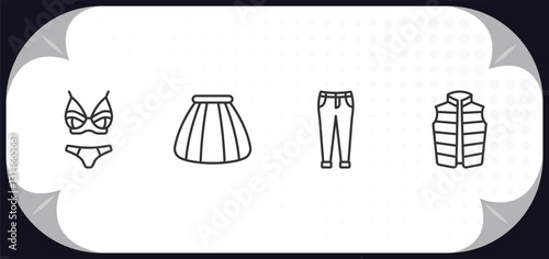 outline icons set - clothes concept. lingerine, tulle skirt, boyfriend low jean, padded vest.