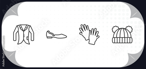 outline icons set - clothes concept. oxford wave blazer, ballets flats, wool gloves, knit hat with pom pom.