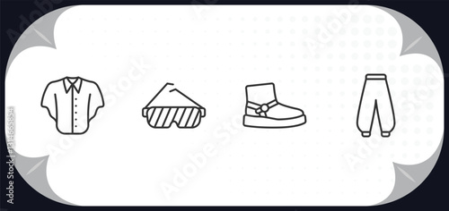 outline icons set - clothes concept. denim shirt, shutter sunglasses, wool boots, harem pants.
