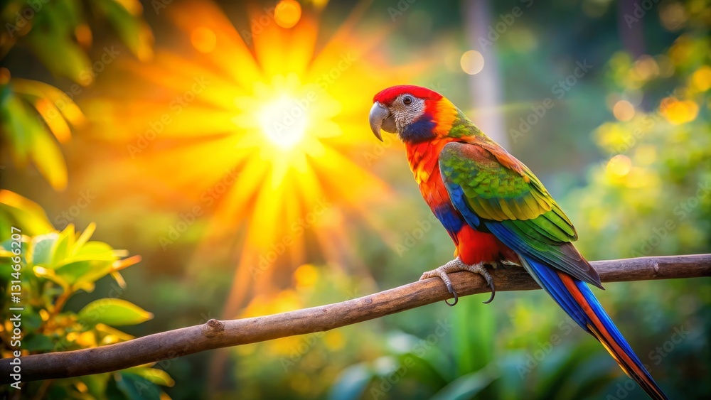 Obraz premium Vibrant Parrot Perched on a Branch at Golden Hour, Basking in the Warm Rays of the Setting Sun in Lush Tropical Foliage