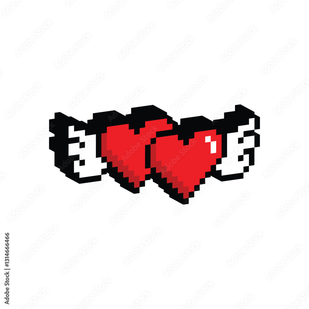 Fototapeta premium isometric pixel wings with heart icon. Vector pixel art wings 8 bit logo for game