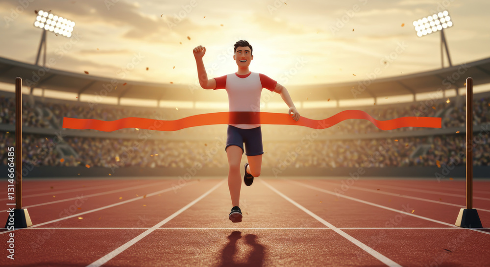 Fototapeta premium A cartoon athlete triumphantly crosses the finish line in a stadium