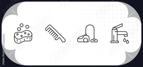 outline icons set - cleaning concept. soap cleanin, comb cleanin, wiping vacuum tool, faucet cleanin.
