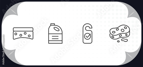 outline icons set - cleaning concept. scouring pads, detergent, clean room, sponges.
