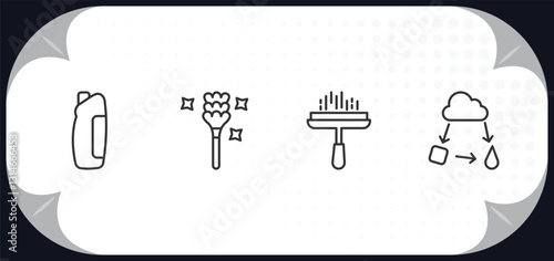 outline icons set - cleaning concept. solvent, feather duster, window cleaner, states of matter.
