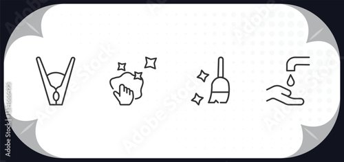 outline icons set - cleaning concept. clothes peg, neat, sweeping, hand wash.