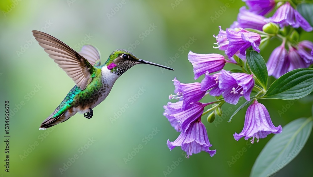 Hummingbird in Flight Near Flowers Hummingbird in Flight Near Flowers
