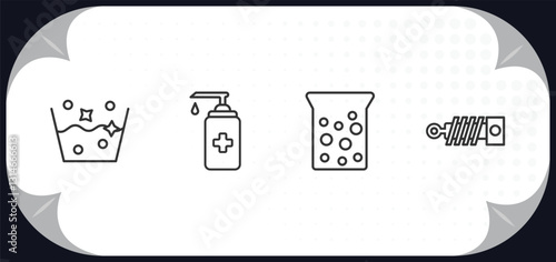 outline icons set - cleaning concept. soak, hand soap, hard water, suspension.