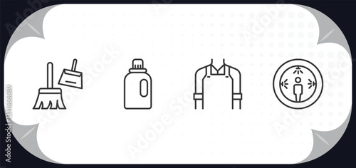 outline icons set - cleaning concept. cleaning tools, softener, cleaner, sterilization.