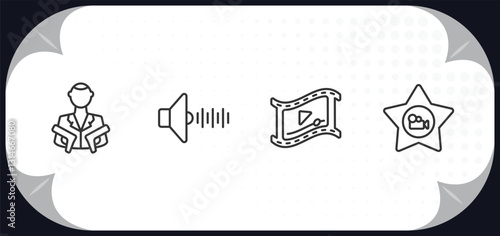 outline icons set - cinema concept. hitman, sound effect, video clip, film star.