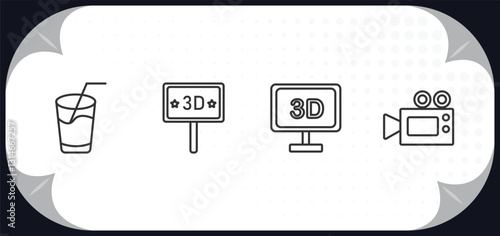 outline icons set - cinema concept. drink with straw, movie billboard, 3 dimension screen, movie camera.