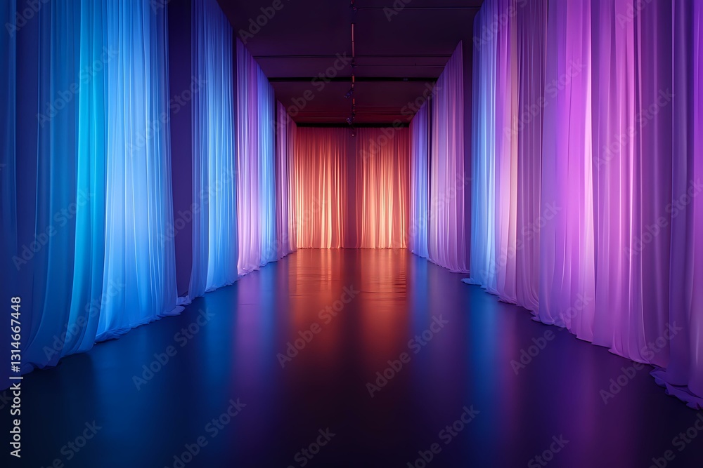 Fototapeta premium Illuminated corridor with flowing fabric curtains in vibrant blue, orange and purple creating dramatic perspective. Reflective floor adds depth and atmosphere.