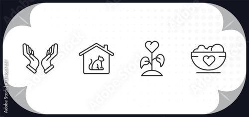 outline icons set - charity concept. praying, animal shelter, plant heart, charity food.