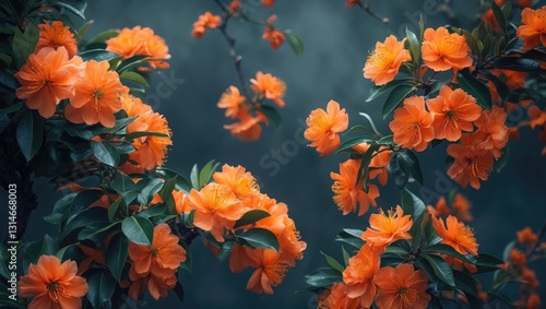 Vibrant orange flowers in a continuous floral pattern. Background featuring a distinctive design.