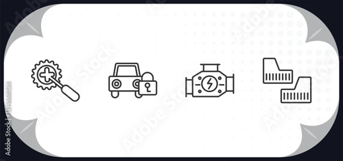outline icons set - car parts concept. car crank, car lock, carburettor, mud flap.