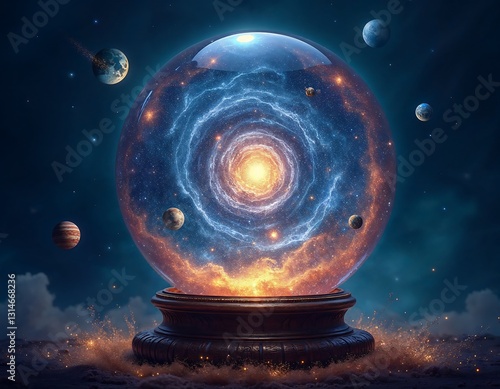 Galaxy in Crystal Ball with Planets and Cosmic Energy Display